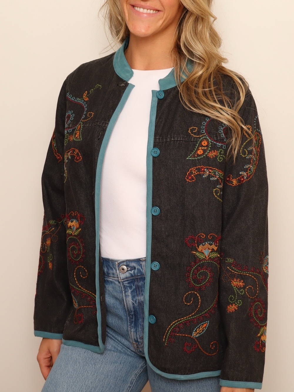 Vintage Denim & Co Black Embroidered Jacket Teal Trim Boho Artsy
